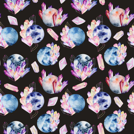 Seamless pattern of watercolor crystal moon, illustration on dark backgroundの写真素材