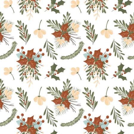Christmas winter holly berries and leaves arrangements seamless pattern, hand drawn illustration on a white backgroundの写真素材