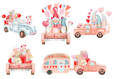 Set of Valentine's Day trucks with gnomes and gifts, Valentine's Day clipart, isolated illustration on white backgroundの写真素材