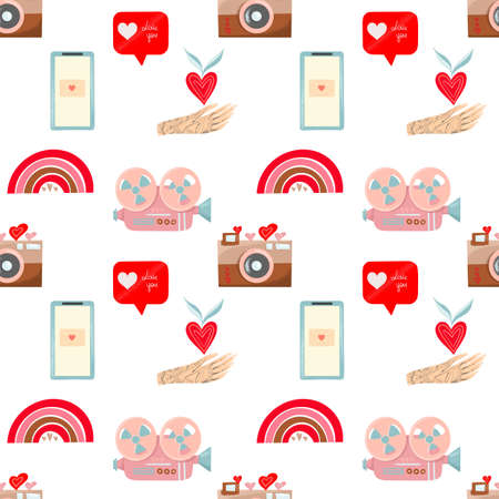 Seamless pattern of romantic elements to Valentine's Day (projector, retro camera, like icon, hand with heart, rainbow), hand drawn illustration on white backgroundの写真素材