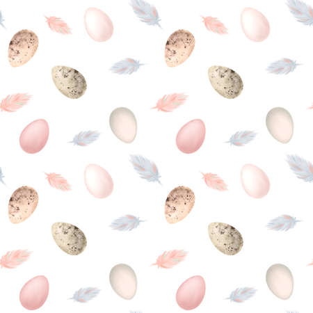 Seamless pattern of watercolor birds eggs and feathers, illustration on white background, easter printの写真素材
