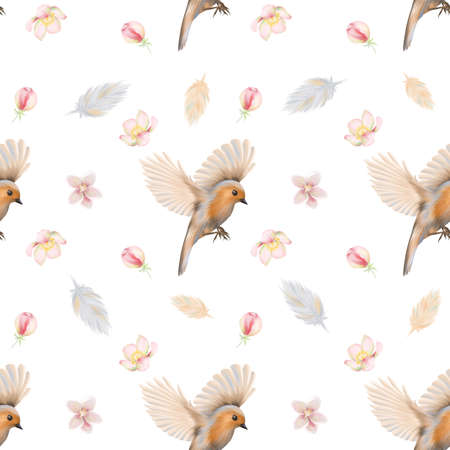 Seamless pattern of flying birds, feathers and apple tree flowers, hand drawn illustration on white backgroundの写真素材