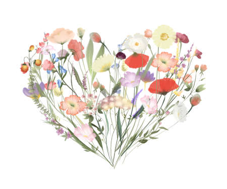 Watercolor floral heart of wildflowers and meadow plants, isolated illustration on a white backgroundの写真素材