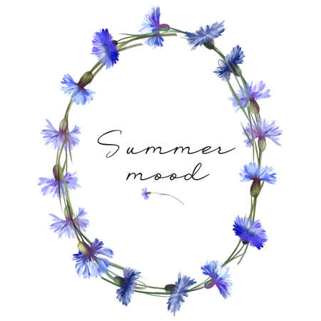 Wreath of watercolor blue cornflowers, illustrations on a white backgroundの写真素材
