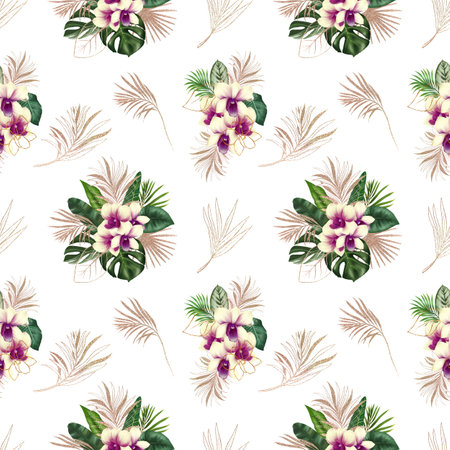 Seamless pattern of green and golden tropical leaves and orchid flowers, tropical floral ornament, illustration on white backgroundの写真素材