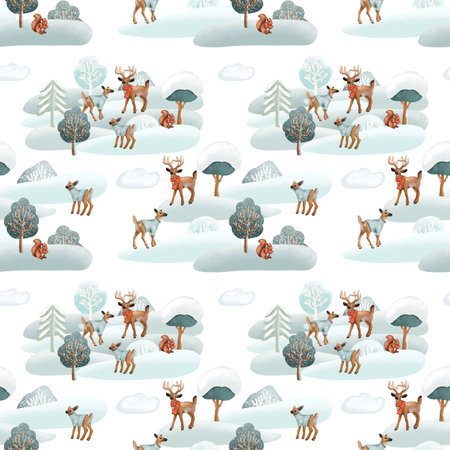 Seamless pattern of deers in warm clothes in winter forest landscape, forest cute characters print, illustration on white backgroundの写真素材
