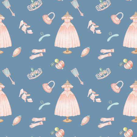 Seamless pattern of watercolor fairy tale princess elements (princess dress and accessories)の写真素材