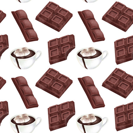 Seamless pattern of hot chocolate with marshmallow and chocolate bar, illustration on white backgroundの写真素材