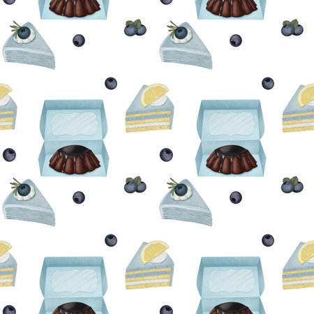 Seamless pattern of watercolor aesthetic blue and chocolate desserts and confectionery with blueberries, illustration on white backgroundの写真素材