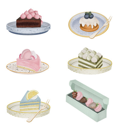 Set of watercolor aesthetic desserts and confectionery in plates, baking clipart, isolated...