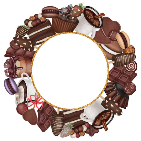 Round frame of aesthetic chocolate cakes, candies and sweets, hand drawn illustration on white background; flyer, poster, menu backgroundの写真素材