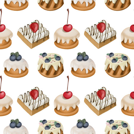 Seamless pattern of watercolor fruit cakes and waffles, illustration on white backgroundの写真素材