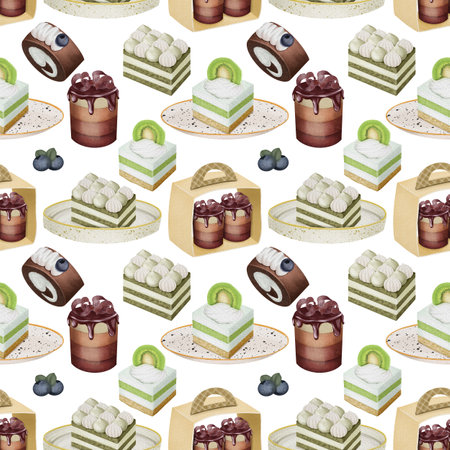 Seamless pattern of watercolor aesthetic green and chocolate desserts and confectionery,...