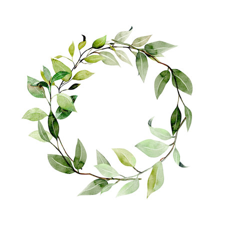 Wreath of watercolor green branches, hand drawn on a white backgroundの写真素材