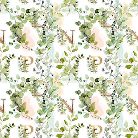 Seamless pattern of gold letters and watercolor eucalyptus branches, illustration on a white backgroundの写真素材
