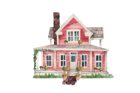 Watercolor illustration of red wooden house, isolated illustration on white backgroundの写真素材