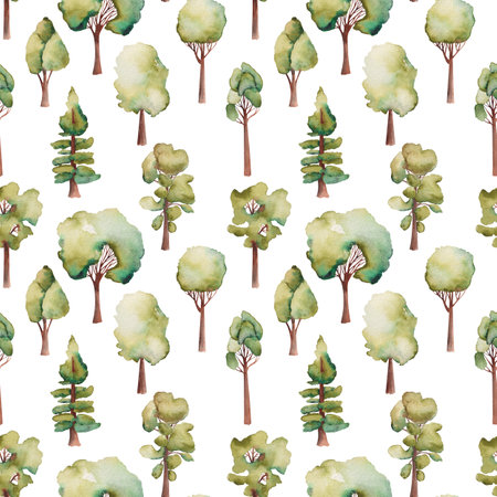 Seamless pattern of watercolor green trees, hand painted illustration on a white backgroundの写真素材