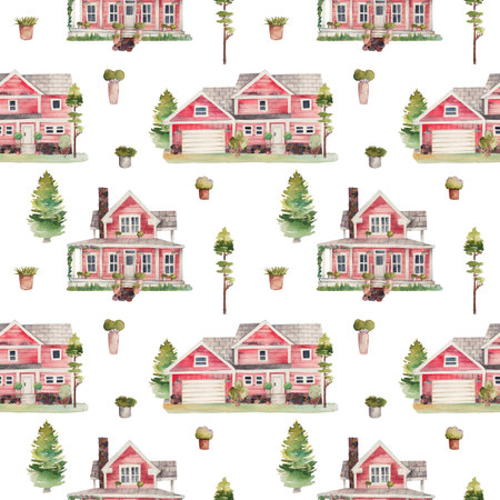 Seamless pattern of watercolor red wooden classic american houses with green trees and lawn, illustration on white backgroundの写真素材