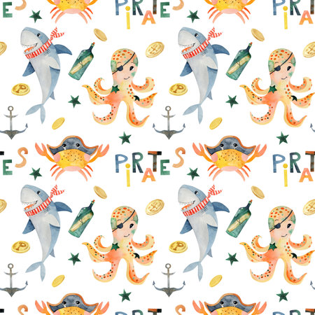 Seamless pattern of watercolor funny animals pirates (shark, octopus, crab), illustration on white backgroundの写真素材