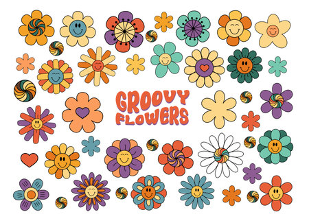 Groovy flowers, retro flowers with smiling face, hippie floral clipart, isolated vector illustrationのイラスト素材