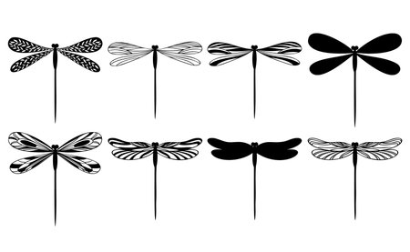 Stylized linear flying dragonflies, silhouette vector flat illustrationのイラスト素材