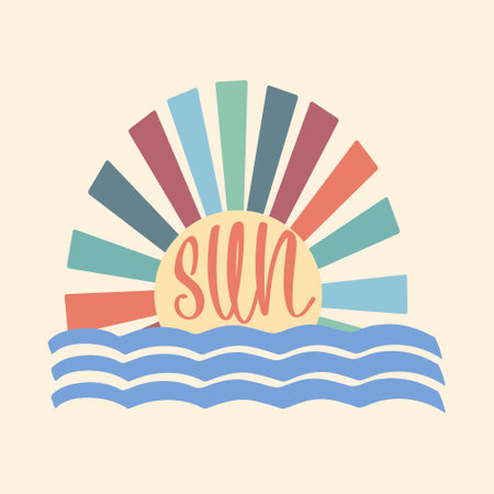 summer holiday vector illustration; retro summer vacation, beach, sunset, ocean waves elements and symbolsのイラスト素材
