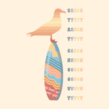 summer holiday vector illustration; retro summer vacation, surfing, beach, sunset, seagull, Stay groovy sloganのイラスト素材