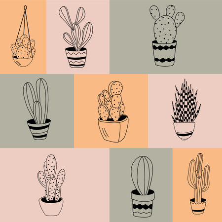 Vector set of cactus illustrations in minimal linear style, hand drawn cacti in pots, minimal floral line art drawing, pre-made posterのイラスト素材