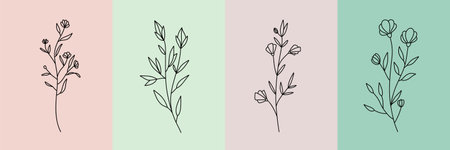 Vector set of botanical illustrations in minimal linear style, hand drawn elegant wildflowers, minimal floral line art drawingのイラスト素材