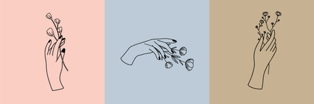 Vector set of botanical illustrations in minimal linear style, female hands with wildflowers, minimalistic modern floral logoのイラスト素材