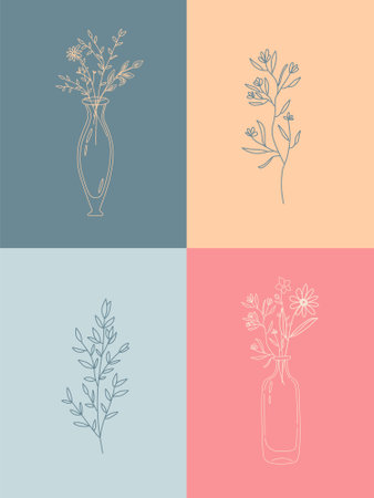 Vector set of botanical illustrations in minimal linear style, hand drawn elegant wildflowers and vintage glass bottles, minimal floral line art drawing, pre-made art posterのイラスト素材