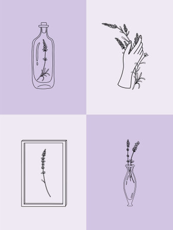 Vector set of botanical illustrations in minimal linear style, lavender flower illustration set, minimalistic modern floral logo, pre-made art posterのイラスト素材