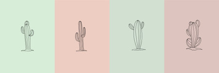 Vector set of cactus illustrations in minimal linear style, hand drawn desert cactuses, minimal floral line art drawingのイラスト素材