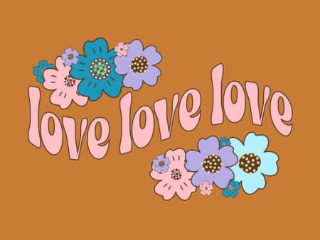 Floral composition of groovy retro flowers, hippie concept, isolated vector illustration, Love Love Love sloganのイラスト素材