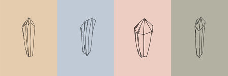 Vector set of hand drawn crystal illustrations in minimal linear style, minimal line art drawingのイラスト素材