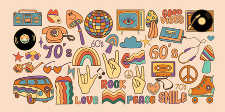 Retro groovy elements vector set; hippie, flower, rainbow, peace, happy, daisy; trendy retro psychedelic cartoon styleのイラスト素材