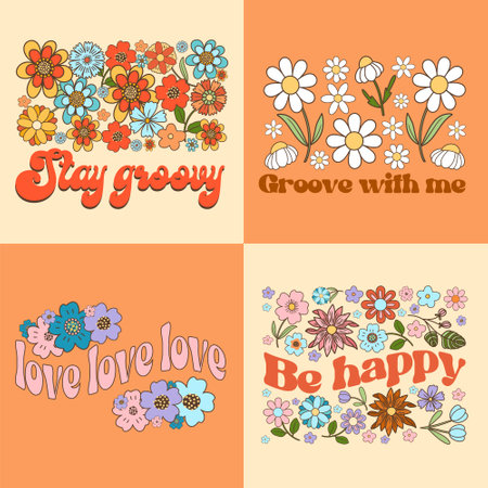 Vector set with groovy floral retro compositions, vector illustrationsのイラスト素材