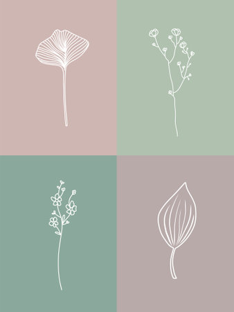 Vector set of botanical illustrations in minimal linear style, hand drawn elegant wildflowers, minimal floral line art drawing, pre-made art posterのイラスト素材