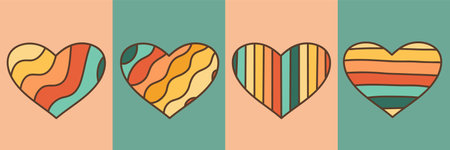 Vector set with groovy colorful hearts, retro rainbow heartsのイラスト素材