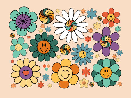 Groovy flowers, retro flowers with smiling face, hippie floral clipart, vector illustrationのイラスト素材