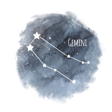 Gemini zodiac sign constellation on watercolor background isolated on white, horoscope character, white constellation in the dark skyの写真素材
