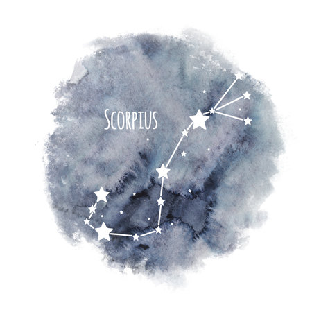 Scorpius zodiac sign constellation on watercolor background isolated on white, horoscope character, white constellation in the dark skyの写真素材