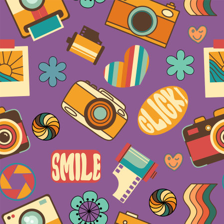 Retro groovy photography elements vector seamless pattern; retro camera, camera roll, click, smile...