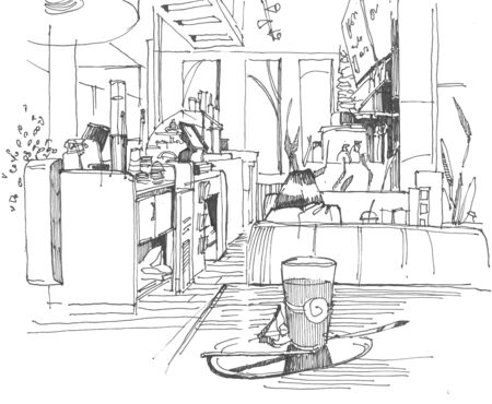 Sketch of a cafe in inkの写真素材