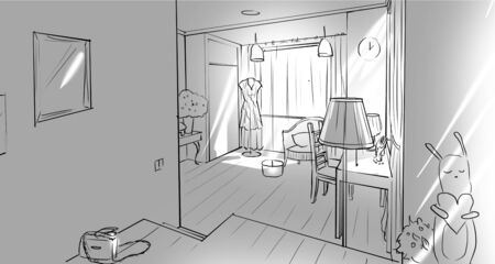 Monochrome girl's bedroom interior illustrationの写真素材