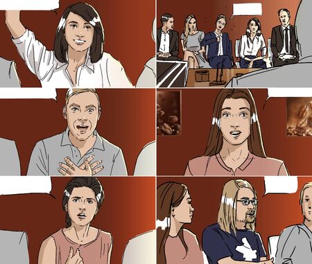 Color portraits of young people with speech bubblesの写真素材