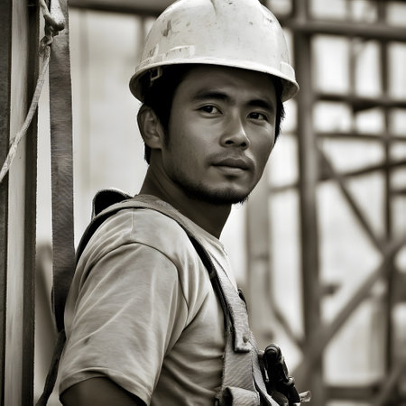 portrait of asian worker at construction site, black and whiteの素材