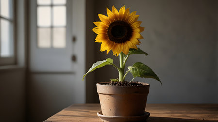 Yellow Sunflower in a pot on a wooden table with a window in the backgroundの素材