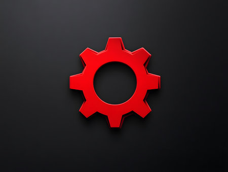 Red gear icon on black background. 3d rendering. Computer digital drawing.の素材