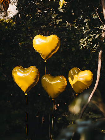 Yellow heart shaped balloons in the garden. Valentine's day concept.の素材